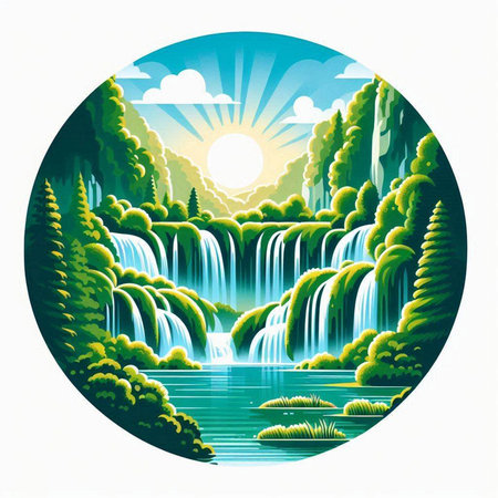Vector illustration of a beautiful landscape with a waterfall in a circle.のイラスト素材