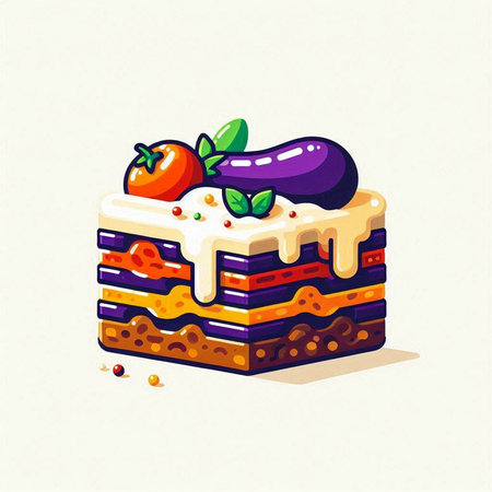 Cake with eggplant, tomato and sauce. Vector illustration.のイラスト素材