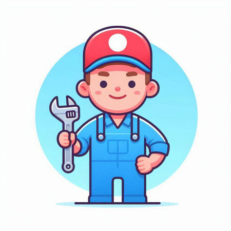Plumber with wrench. Vector illustration in cartoon style on white background.のイラスト素材