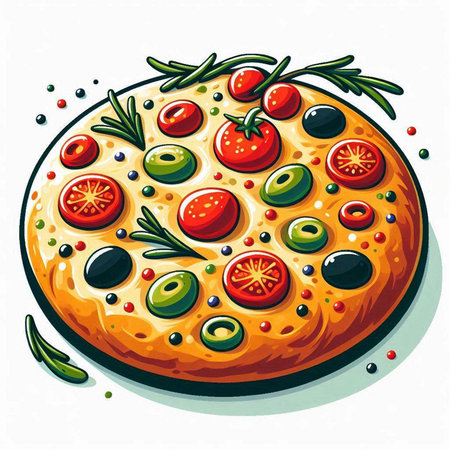 Pizza with tomatoes, olives and rosemary. Vector illustration.のイラスト素材