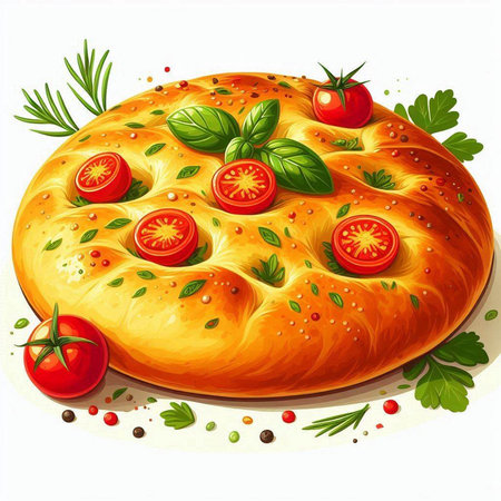 Illustration of a pie with tomatoes and herbs on a white backgroundのイラスト素材