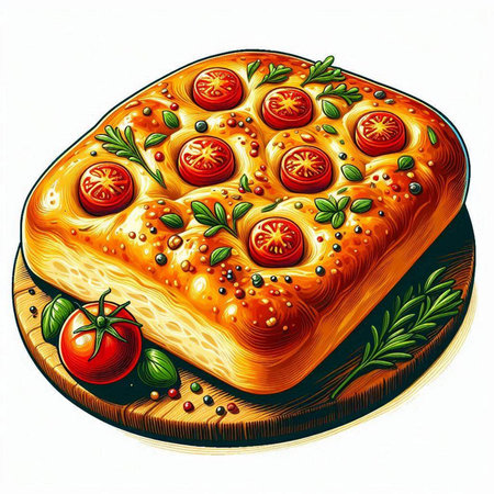 Illustration of a traditional Italian focaccia with tomatoes and rosemaryのイラスト素材