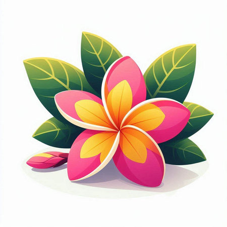 Frangipani flower and leaves on white background. Vector illustration.のイラスト素材