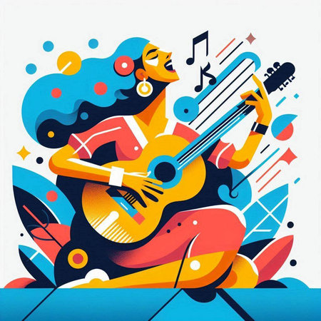Guitar player. Woman playing guitar. Music background. Vector illustrationのイラスト素材