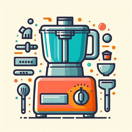 Colorful flat vector illustration of blender with different kitchen utensilsのイラスト素材