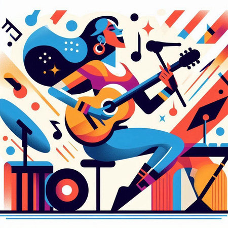 Vector illustration of girl playing the guitar. Colorful geometric background.のイラスト素材