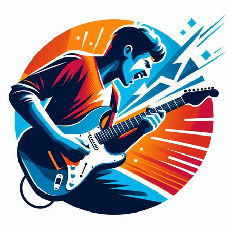 Guitar player with an electric guitar. Vector illustration in retro style.のイラスト素材