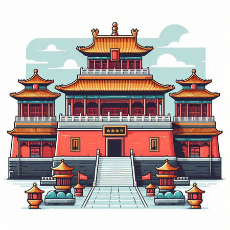 Ancient Chinese temple. Vector illustration of a Chinese temple on a white background.のイラスト素材