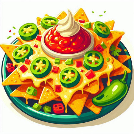 Mexican nachos with tomato sauce and salsa. Vector illustrationのイラスト素材