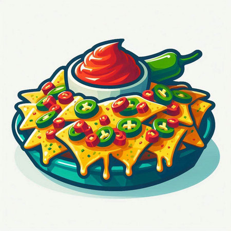 Nachos with sauce and chilli peppers. Vector illustration.のイラスト素材