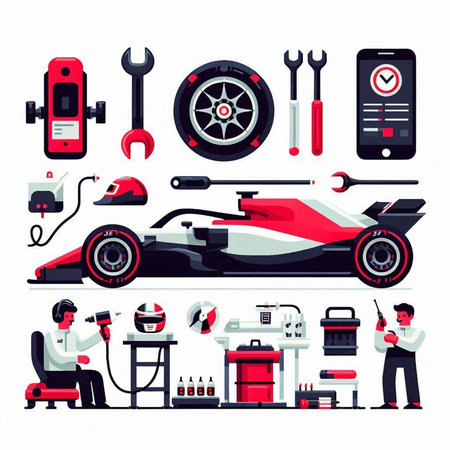 Car service, auto repair and maintenance vector illustration. Auto mechanic, mechanic, mechanic, technician, repairman, mechanic, mechanic, battery jumper power supply, battery jumper power supply, battery jumper power supplyのイラスト素材