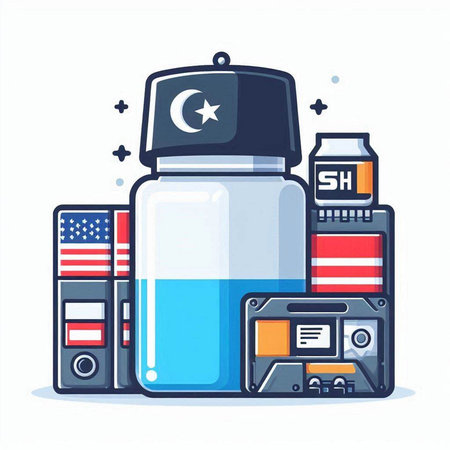 Vacuum flask with a cap and a set of different accessories. Vector illustration.のイラスト素材