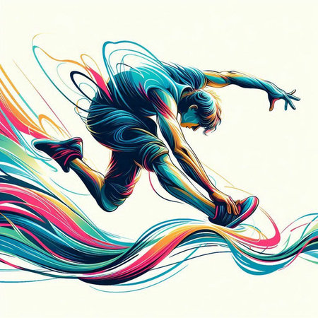 illustration of a running man with colorful abstract lines in the backgroundのイラスト素材