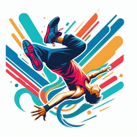 Vector illustration of a breakdancer jumping on a colorful background.のイラスト素材