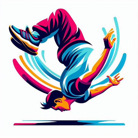 Illustration of a breakdancer jumping with colorful stripes in the backgroundのイラスト素材