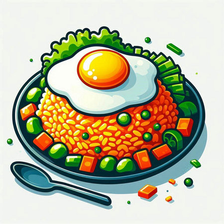 Illustration of a bowl of fried rice with egg and vegetables.のイラスト素材