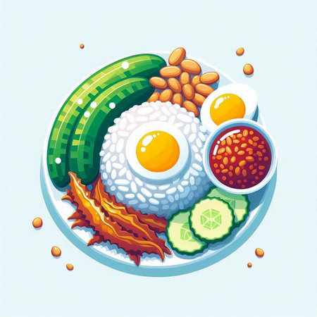 Illustration of japanese food with fried egg and cucumberのイラスト素材