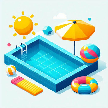 Swimming pool with inflatable ball and umbrella. Vector illustration.のイラスト素材