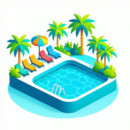 Swimming pool with palm trees and sunbeds. Vector illustrationのイラスト素材