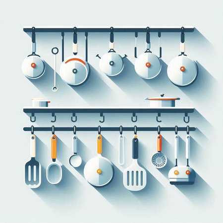Kitchen utensils hanging on the wall, vector illustration.のイラスト素材