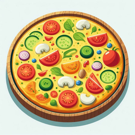 Illustration of a pizza with tomato, cucumber, mushrooms and cheeseのイラスト素材