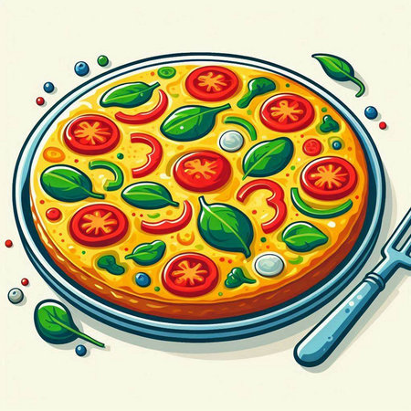 Illustration of a pizza with tomatoes, mozzarella cheese and basilのイラスト素材