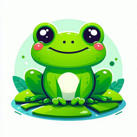 Cute cartoon frog sitting on a green pond. Vector illustration.のイラスト素材