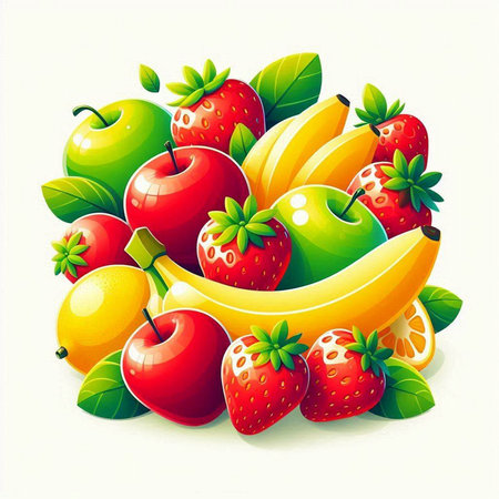 Fruit background with strawberries, bananas, apples and oranges. Vector illustration.のイラスト素材