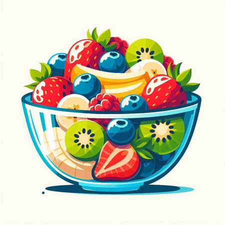 Fruit salad in a bowl. Vector illustration in cartoon style.のイラスト素材