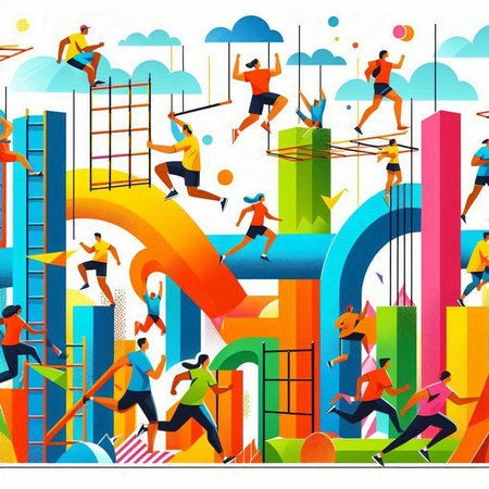 Concept of success. Vector illustration in flat style with people running and jumping.のイラスト素材