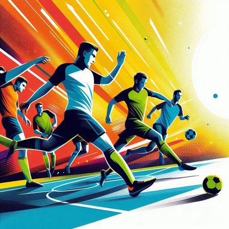 Soccer players in action and motion. Colorful vector illustration.のイラスト素材