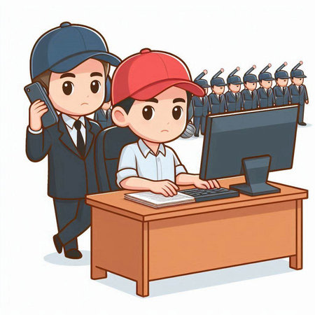 Illustration of a young man working on a computer at the officeのイラスト素材
