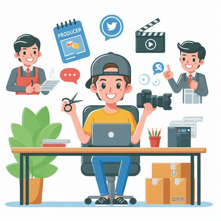 Vector illustration of a young man with a laptop in his office.のイラスト素材