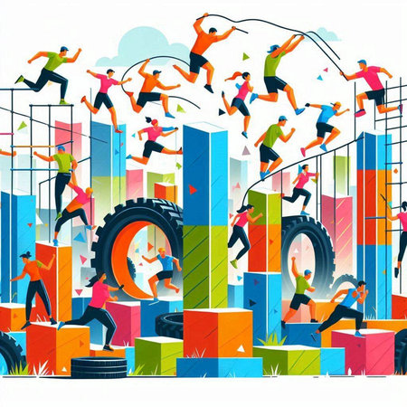 Business people running and jumping over the obstacle. Concept business vector illustration.のイラスト素材