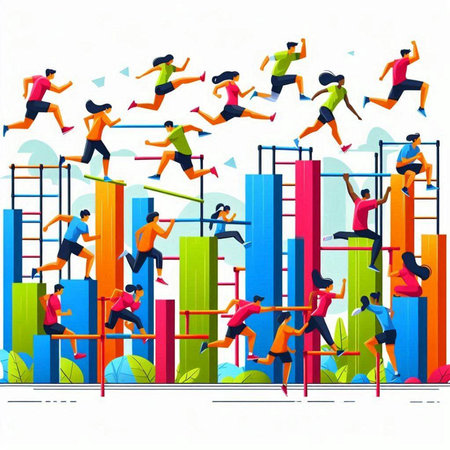 Sporty men and women running and jumping over bar charts, vector illustrationのイラスト素材