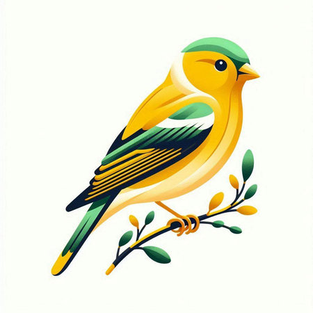 Vector illustration of a beautiful yellow bird on a branch with green leavesのイラスト素材