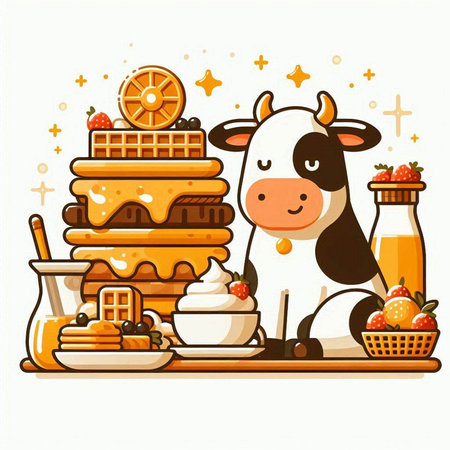Cute cartoon cow with milk, cake and cookies. Vector illustration.のイラスト素材