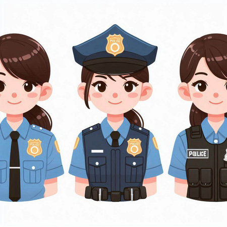 Policewoman set with different poses and emotions. Vector illustration.のイラスト素材