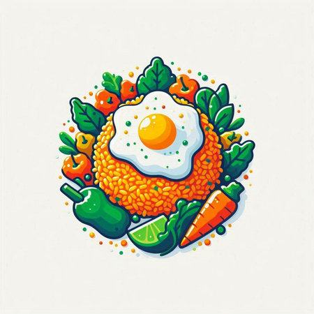 Fried rice with fried egg and vegetables on white background. Vector illustration.のイラスト素材