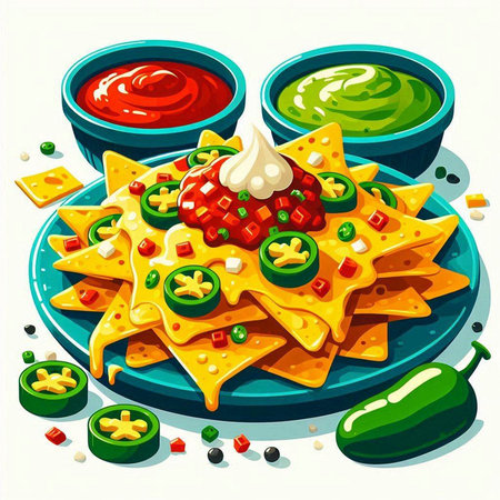 Mexican nachos with salsa and guacamole. Vector illustration.のイラスト素材