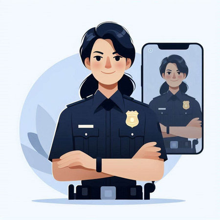 Vector illustration of a female police officer in front of a smartphone.のイラスト素材