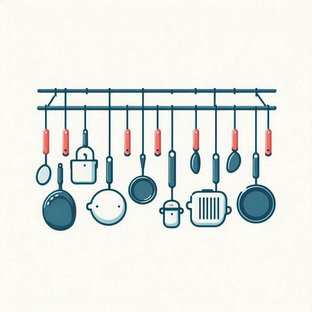 kitchen utensils hanging on a wall. vector illustration.のイラスト素材