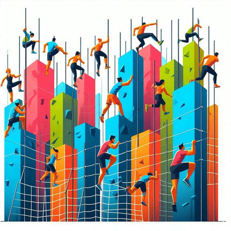 Business people climbing up the bar chart. Vector illustration in flat styleのイラスト素材