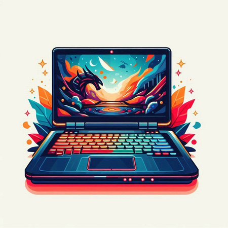 Laptop with fantasy horse on screen. Vector illustration. Eps 10のイラスト素材