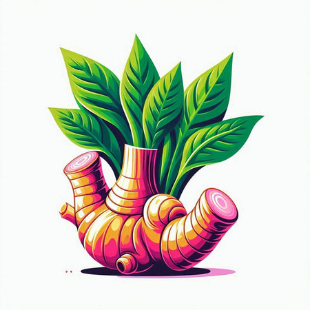 Ginger root and leaves isolated on white background. Vector illustration.のイラスト素材