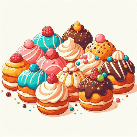 Illustration of a set of colorful cakes on a white background.のイラスト素材