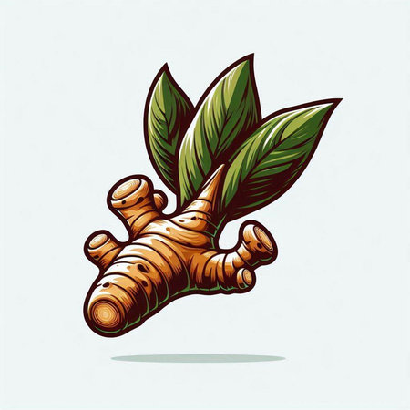 Ginger root and leaves on white background. Hand drawn vector illustration.のイラスト素材
