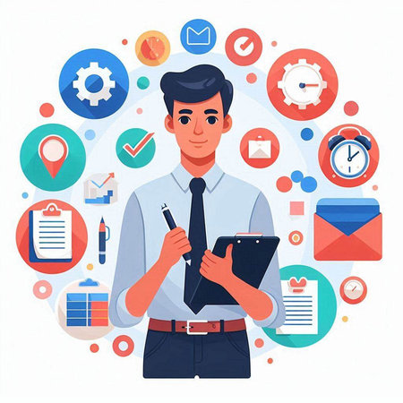 Businessman with documents and business icons. Vector illustration in flat styleのイラスト素材