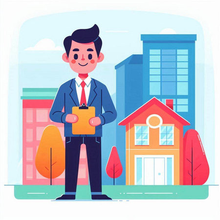 Real estate agent holding clipboard and standing near house. Vector illustration in flat styleのイラスト素材