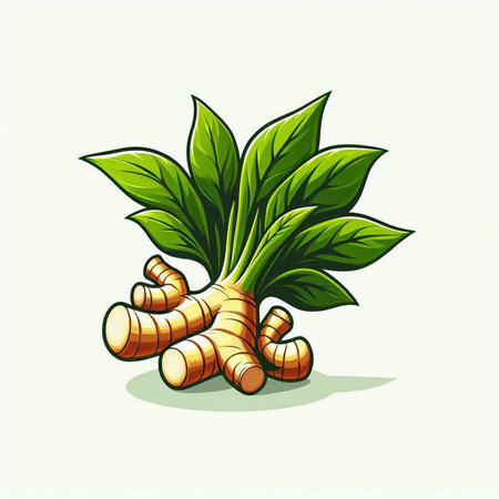 Fresh ginger root with leaves. Vector illustration isolated on white background.のイラスト素材